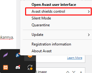 Klik kanan pada ikon Avast yang terdapat di system tray, kemudian pilih "Avast Shields Control".
